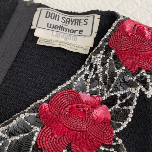 Vintage Don Sayres Black Wool Knit Dress with Sequins Neckline - Holiday Dress - Picture 9 of 9